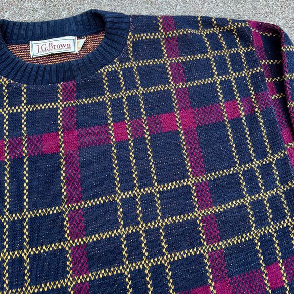 Vintage 90s Grandpa Sweater Grid Pattern Cotton J.G. Brown | Size XL - Picture 3 of 5